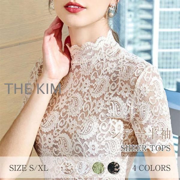 シアートップス ハイネック 半袖 トップス レイヤード 重ね風 レース カットソー レディース インナーウェア ハイネック タートルネック tシャツ 春 夏 長袖 タ
