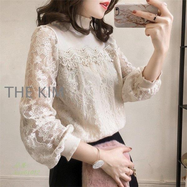 レースブラウス レディース シャツ シンプル 着痩せ 長袖 とろみシャツ 大人 レース OL トップス 30代 フお洒落 40代 ブラウス 上品 通勤 カットソー ハイネック(4)
