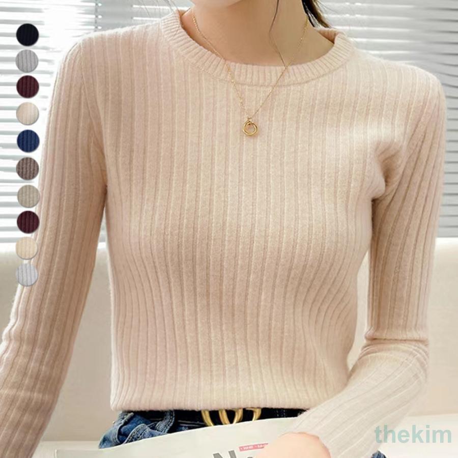 リブニットトップス 長袖リブカットソー