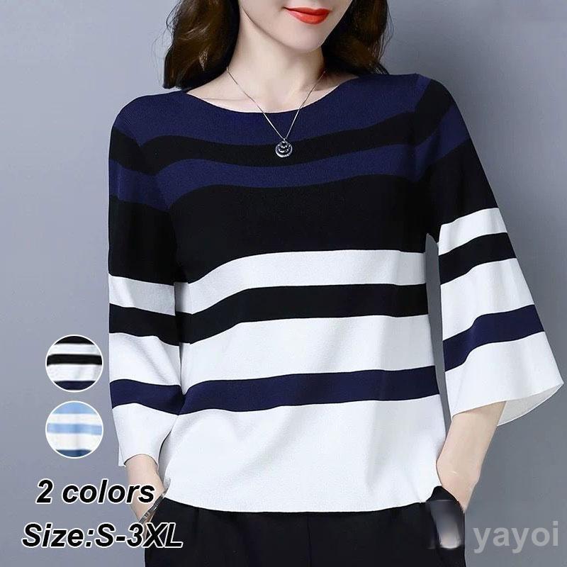 カットソー 七分袖 レディース ボーダー 春 夏 秋 tシャツ ニット フレアスリーブ 大きいサイズ きれいめ オフィス