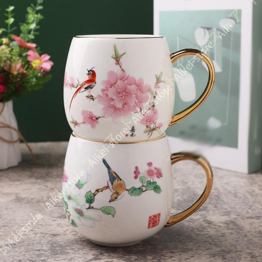 マグカップ 大容量 朝食 用 カップ 宮廷風 中国風 絵柄 梅の花 鳥 カササギ コーヒー 飲料水 茶 カップ..