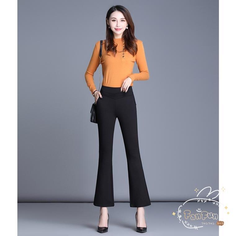 フレアパンツ レディース パンタロン スリット入り ロングパンツ 春 9分丈パンツ レース裾 黒 着痩せ パンツ 薄手 秋 通勤 長ズボン 美脚