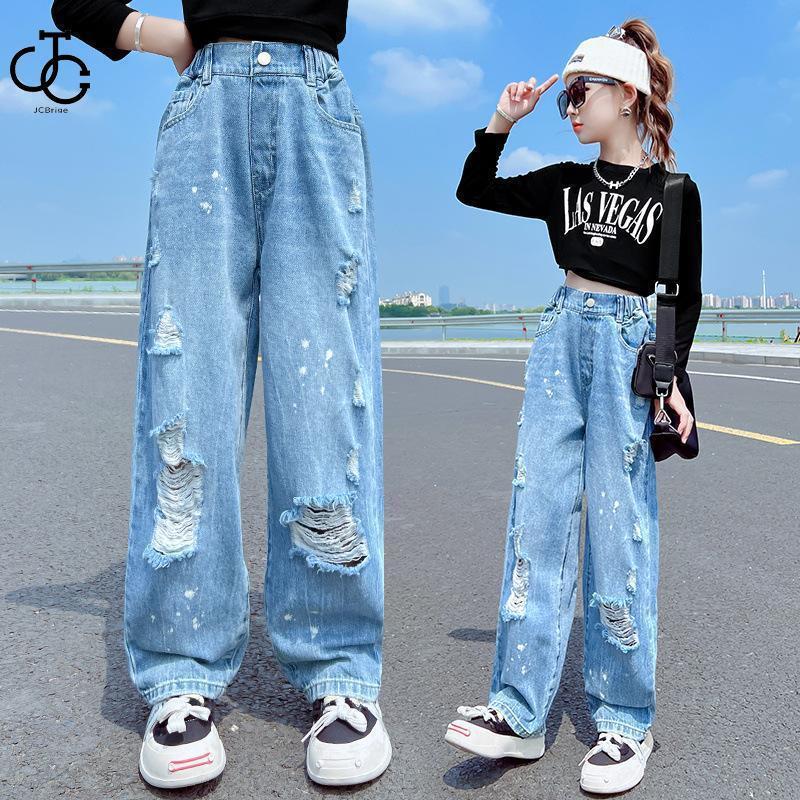 韓国子供服 春秋 デニムダメージジーンズ 女の子 デニムパンツ 通学着 キッズ ファッション ダメージジ..
