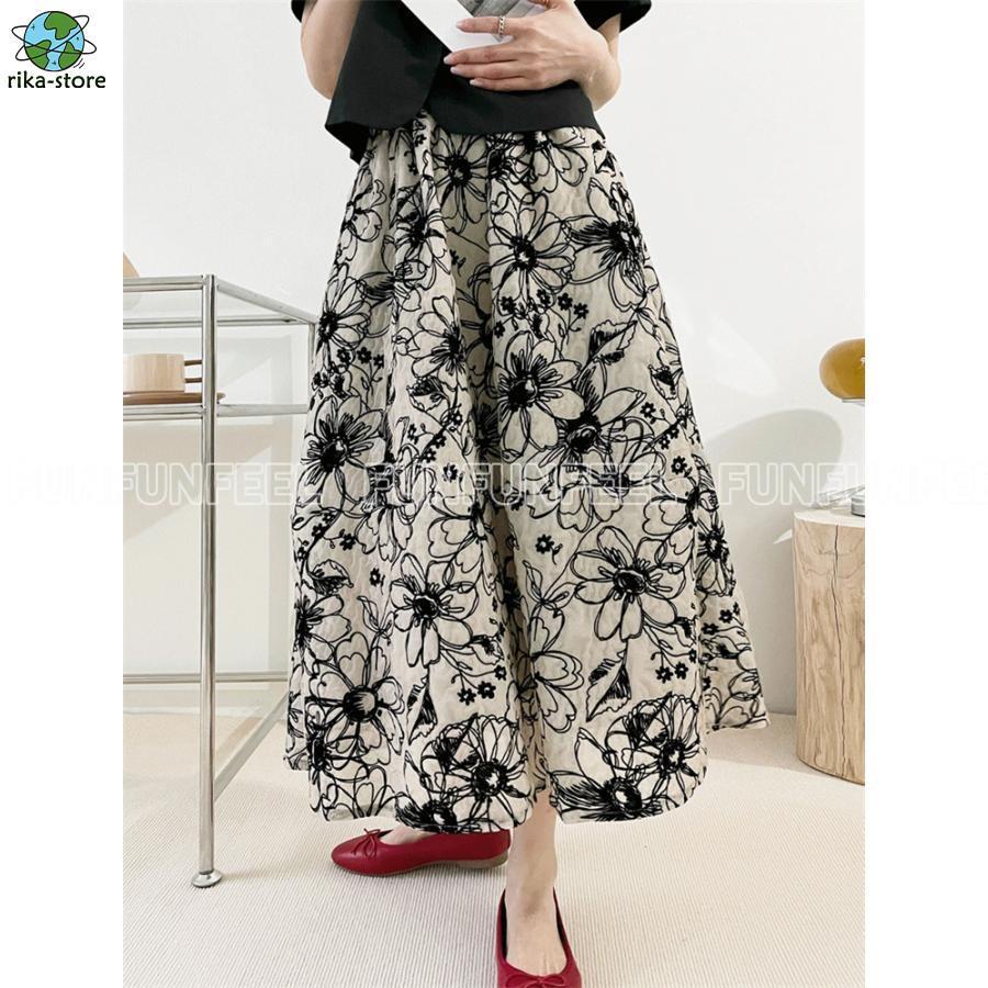 Pleasantday 楽天市場店の花柄スカート ロングスカート キレイ 花刺繍 フレアスカート ボトムス ロング 総花柄 スカート 体型カバー 春 夏 秋 ウエストゴム 通勤 30代 50代｜アングル2