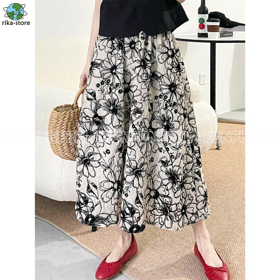 Pleasantday 楽天市場店の花柄スカート ロングスカート キレイ 花刺繍 フレアスカート ボトムス ロング 総花柄 スカート 体型カバー 春 夏 秋 ウエストゴム 通勤 30代 50代｜アングル3