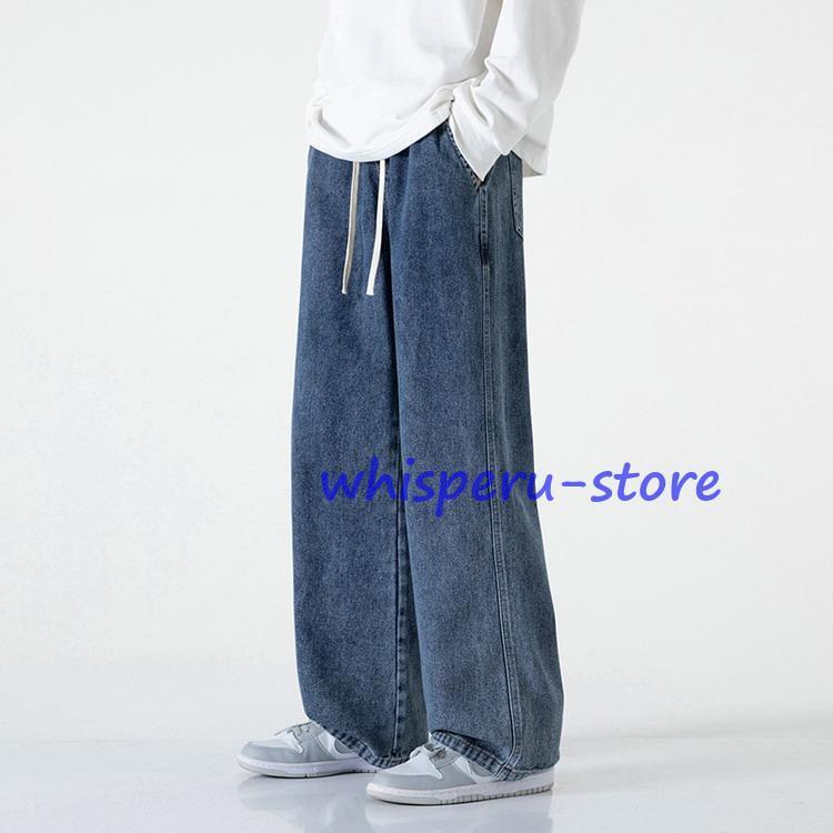 レトロ 軽量 涼しい ブルー ストリート ダメージ 加工 ウォッシュド ワイドレッグ ジーンズ ストレッチ ウエスト スリム ストレート ロング パンツ メンズ レディース ユニセックス