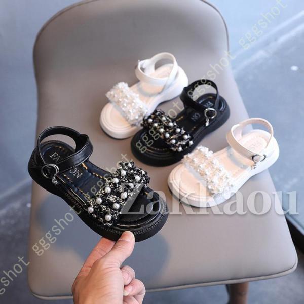 【期間限定10％OFF】サンダル キッズ 女の子 痛くない 子供靴 子供サンダル ストラップ 夏 パール ベル..