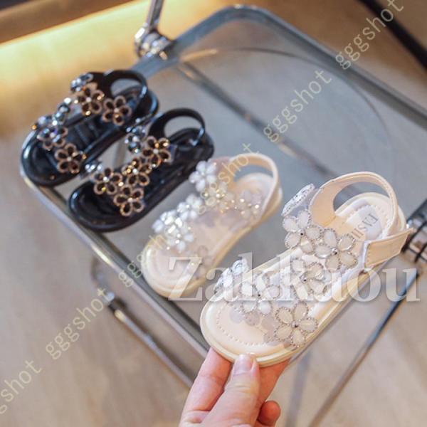 【期間限定10％OFF】サンダル ガールズ フラワー オープントゥ プリンセスサンダル 子供靴 女の子 女子 ドレス ラインストーン ストラップ サンダル マジックテープ 川遊び