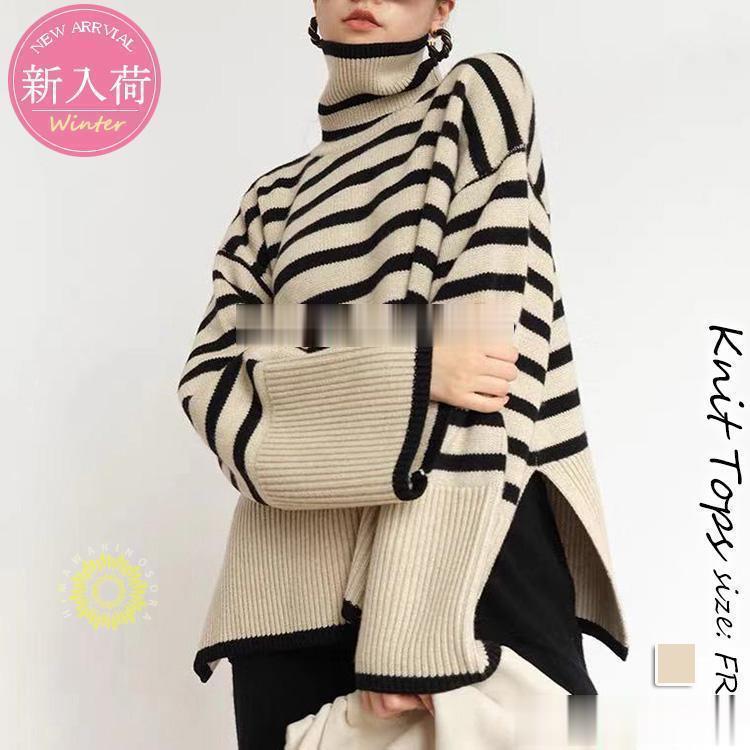 【期間限定10％OFF】ニットトップス レディース 秋冬 40代 長袖セーター ボーダー柄ハイネック ショット丈セーター ゆったりプルオーバー オシャレ韓国風 大人ニットインナー 厚手(4)