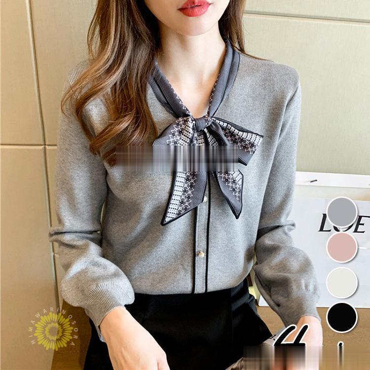 ニットトップス レディース 秋冬 40代 長袖 ニットトップス リボンVネックセーター ショット丈ニットソー ゆったりプルオーバー オシャレ 秋服 韓国風50代 30代(4)