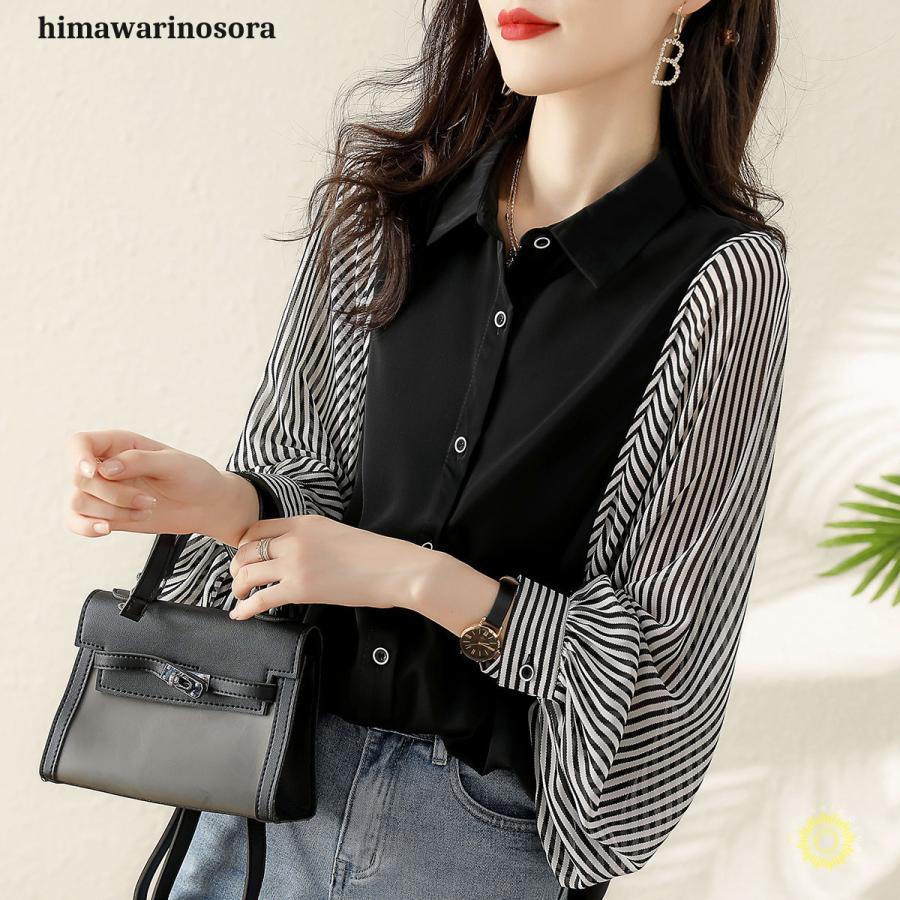 シャツブラウス シフォンブラウス ストライプ柄 バルーンスリーブ 黒 白 レディース トップス