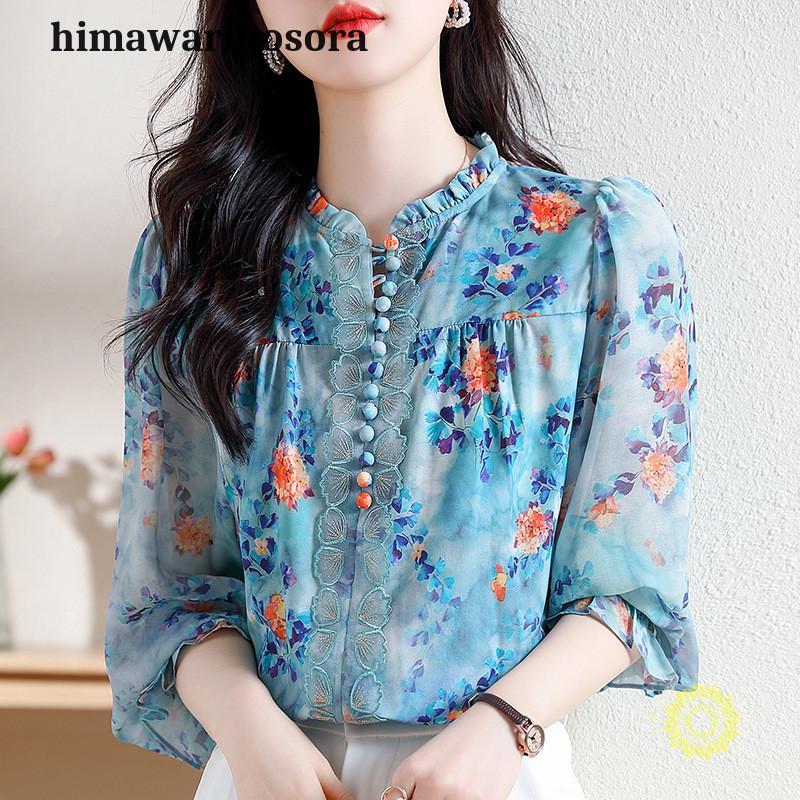 【期間限定10％OFF】シフォンチュニック 花柄ブラウス ボタニカル柄 レースリーフ レディース トップス