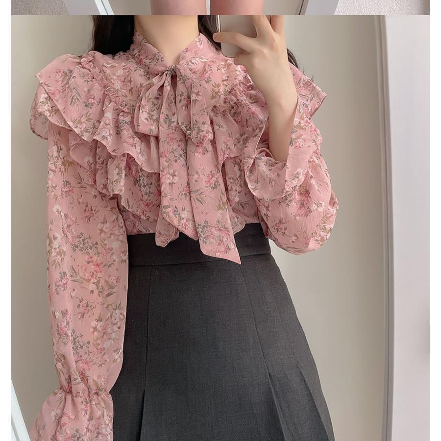 シャツブラウス 花柄ブラウス シフォンブラウス ボタニカル柄 花柄 フラワー柄 襟付き 長袖 レディース トップス 2