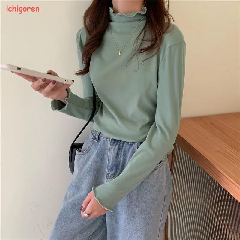 カットソー 長袖 レディース ハイネック メロウ ホワイト ピンク イエロー ブルー グリーン ブラウン ブラック