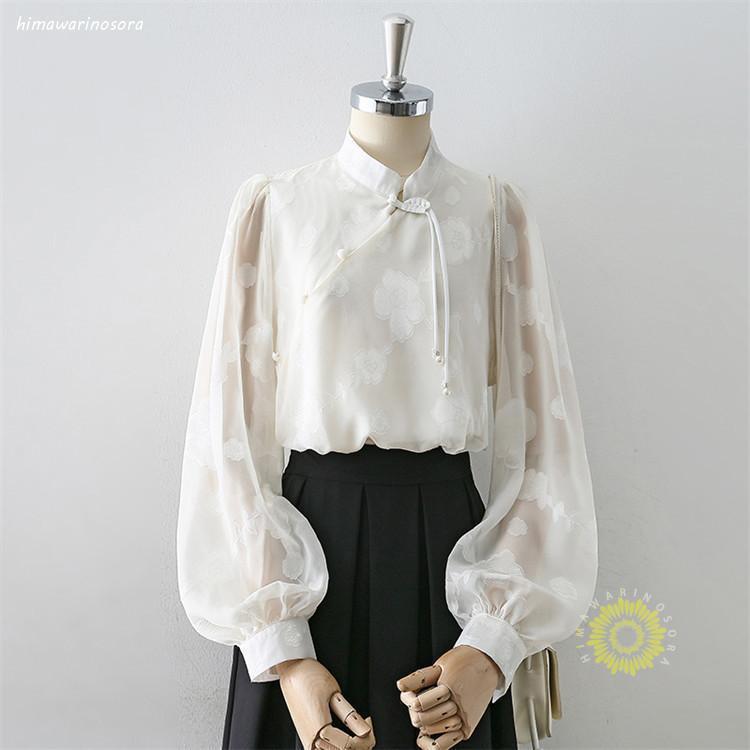 T-Shirts （Short Sleeve） - ブラウス レディース トップス シャツ シャツブラウス チャイナボタン 立ち襟 長袖 長そで ボリューム袖 体型カバー ゆったり 春 チャイナボタンブラウス