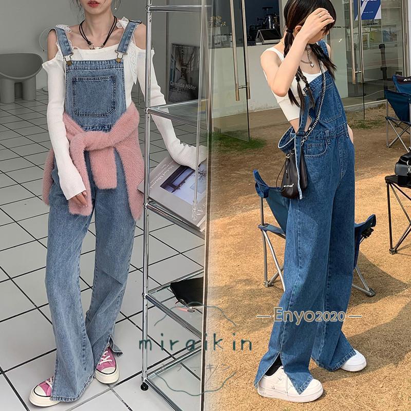 乐天商城 - サロペット オールインワン レディース パンツ ワイドパンツ ガウチョ オーバーオール カジュアル サイドスリット 体型カバー 可愛い 学生 ゆったり