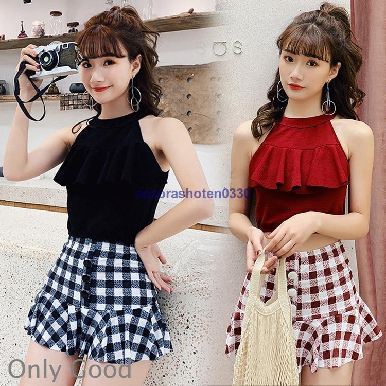 Two-Piece - 水着 レディース 体型カバー 水着2点セット ビキニ セパレート水着 チェック柄スカート 小胸バンドゥ 40代 オシャレ韓国風 スポーツ スイムウェア ママ水着