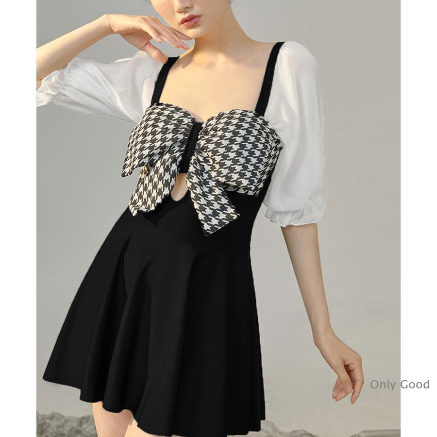 千鳥格子 ワンピース水着 パフスリーブ