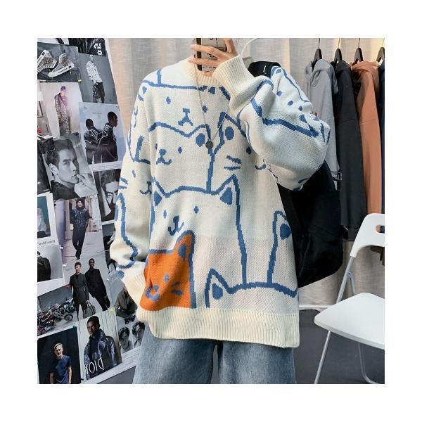 Rakuten - ニットセーター メンズレディース 長袖セーター カップル クルーネックセーター 猫柄 総柄 防寒セーター カットソー 秋冬 おしゃれ カジュアルニットトップス