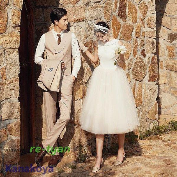 ミモレ丈ドレス ウェディングドレス 結婚式 白ワンピース 二次会 花嫁 Aライン チ...