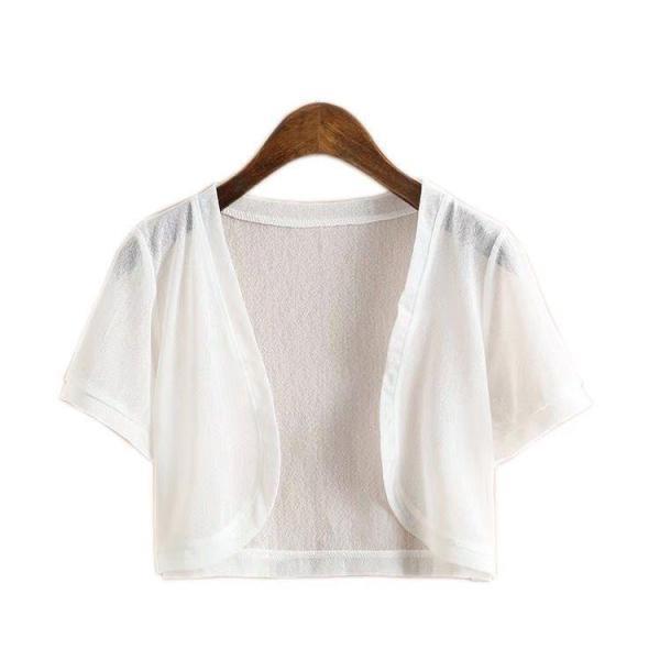 商品名:ショートボレロカーディガン UVカット ショート丈 夏 冷房対策 半袖 トップス ボレロカーディガン 羽織り 薄手 ショートカーディガン 商品説明:ショートボレロカーディガン レディース 夏 ボレロ サイズ:S M L XL 2XL 3XL サイズについての説明:S:着丈40cm 肩幅36cm バスト92cmM：着丈41cm 肩幅39cm バスト98cmL：着丈42cm 肩幅40cm バスト104cmXL：着丈43cm 肩幅42cm バスト106cm2XL：着丈44cm 肩幅44cm バスト108cm3XL：着丈45cm 肩幅46cm バスト110cm※サイズ表の実寸法は商品によって1-3cm程度の誤差がある場合がございます。 素材:ポリエステル 色:カラー1 カラー2 カラー3 カラー4
