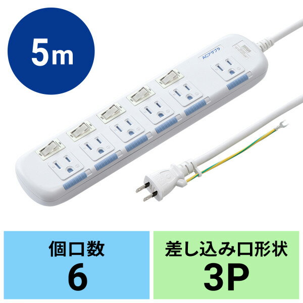 【箱難有り】 サンワサプライ ACアダプタ対応 ランプ付きパワースイッチ 省エネ型 電源タップ TAP-S10N2-5 ホワイト