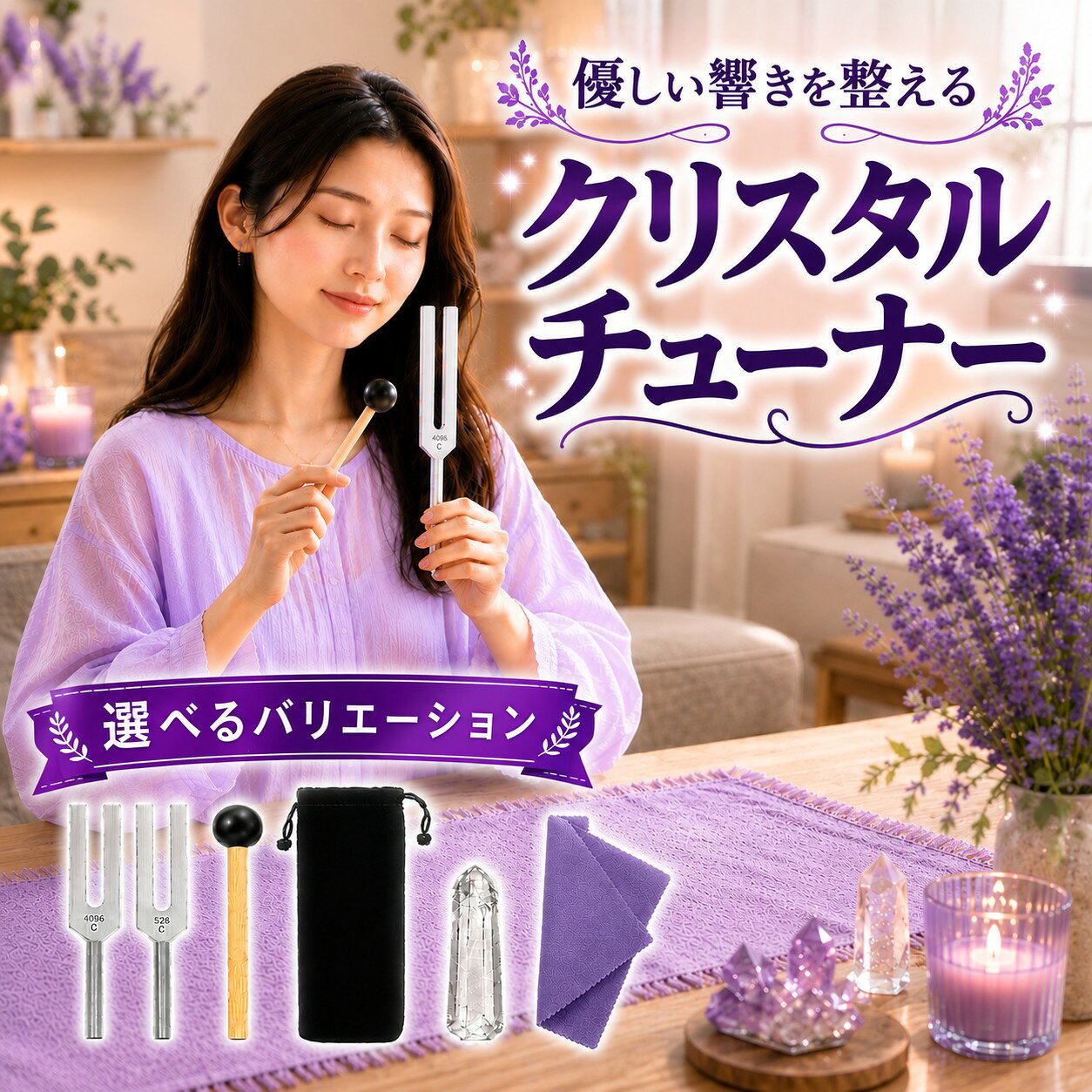 【音叉セラピスト監修】【1位受賞】クリスタルチューナー 音叉 528Hz 4096Hz 4160Hz 4225Hz 128hz 256Hz 512Hz 水晶セット さざれ石 ヒーリング 瞑想 浄化 水晶 マレット ポーチ付き リラックス チャクラ おんさ パワーストーン 癒し スピリチュアル プレゼント 睡眠