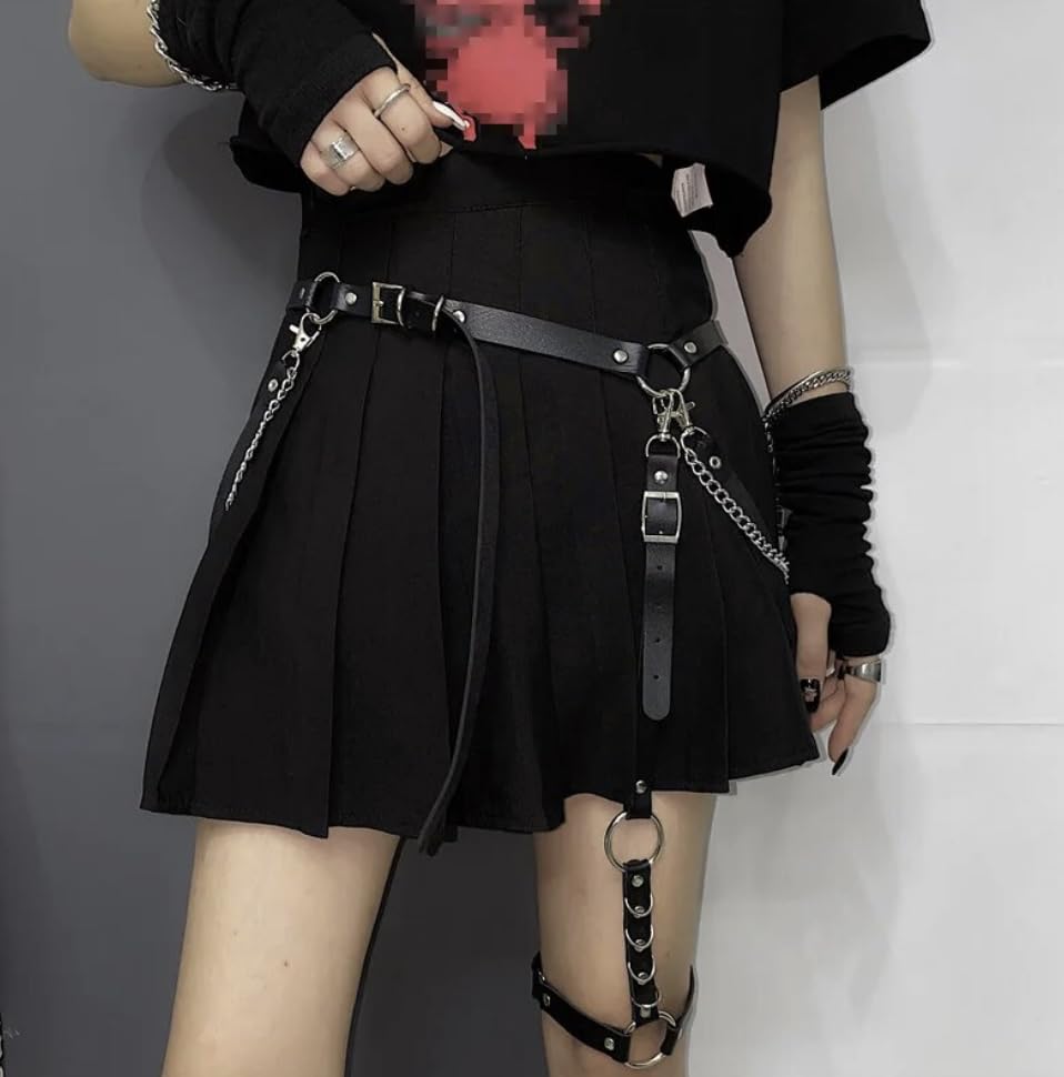 レッグハーネス レディース チェーン付き 3点セット ガーターベルト ウエストチェーン チョーカー 黒 合皮 地雷系 量産型 ゴシック ゴスロリ パンク ロック V系 原宿 コスプレ アクセ 病み系 ハード ファッション 調整可能 PUレザー 金具 ハート付き セット