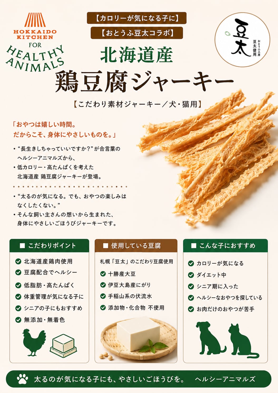 【2個以上で送料無料】北海道産 豆腐鶏 ジャーキー 22g 犬 猫 おやつ 無添加 犬用 猫用 鶏肉 チキン 高たんぱく 食いつき ごほうび シニア 植物発酵酵素 たもぎ茸配合 ヘルシーアニマルズ pleimocolor773-10000398 ペットラッキー サンプル画像3