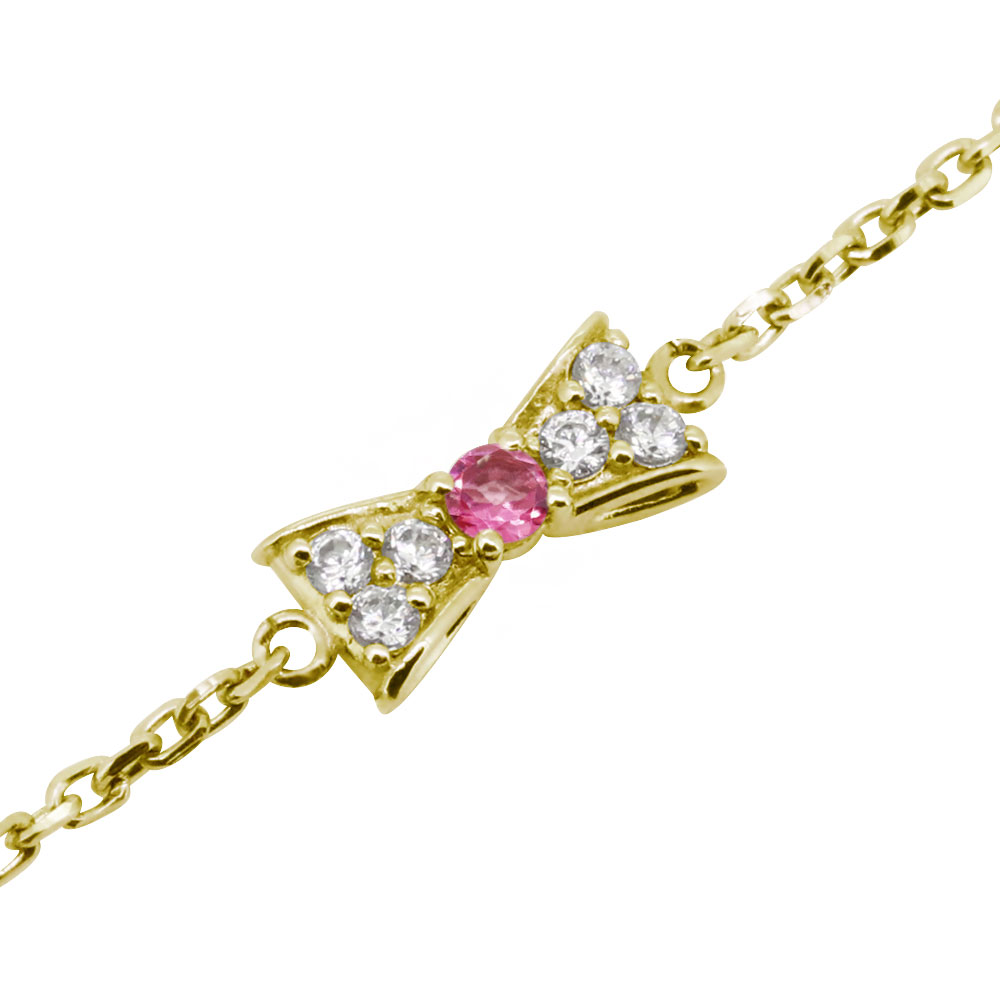 アンクレット つけっぱなし ブレスレット レディース 誕生石 10月 ピンクトルマリン リボン 10金 ゴールド 10k シンプル おしゃれ ジュエリー プレゼ...