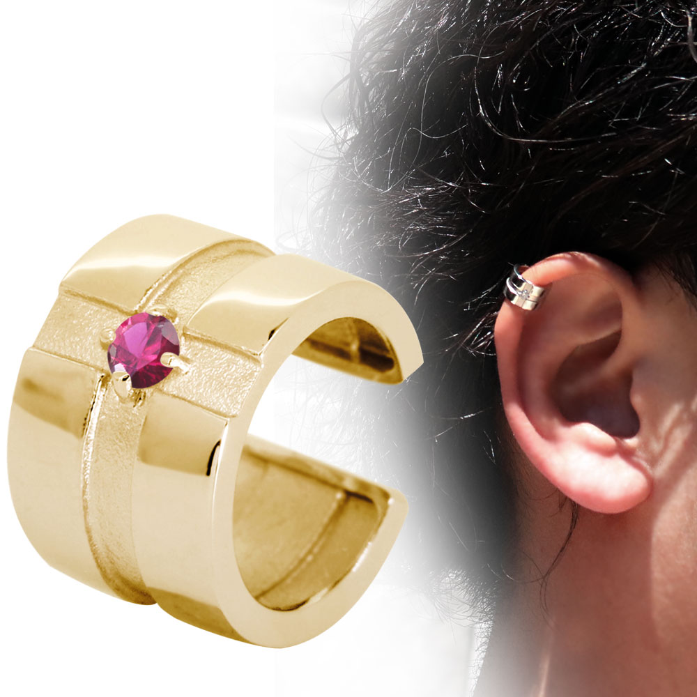 18金 イヤーカフ 18k メンズ 片耳用 イヤカフ クロス ゴールド 誕生石 7月 ルビー 父の日 2024