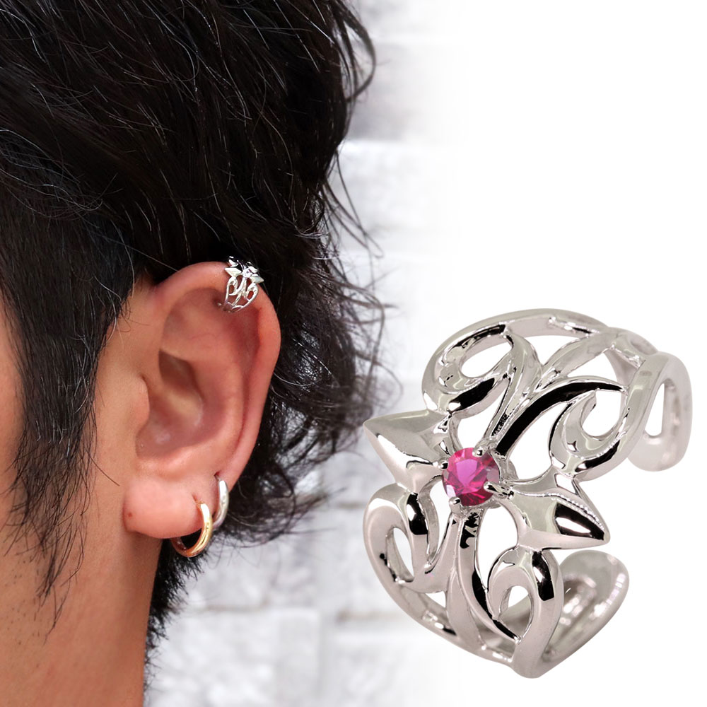 イヤーカフ イヤカフ 片耳 メンズ プラチナ クロス 誕生石 7月 ルビー 軟骨 はさむ おしゃれ 父の日 2024