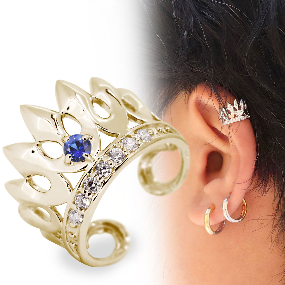 イヤーカフ 片耳用 18金 メンズ クラウン 王冠 18k ゴールド イヤカフ サファイア 9月誕生石 父の日 2024(4)