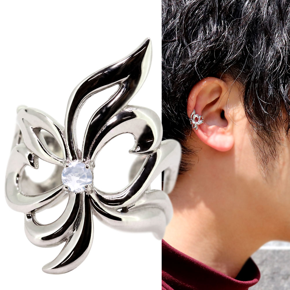 イヤーカフ メンズ かっこいい プラチナ 片耳用 ロイヤルブルームーンストーン イヤカフ 大ぶり レディース おしゃれ 百合の紋章 透かし