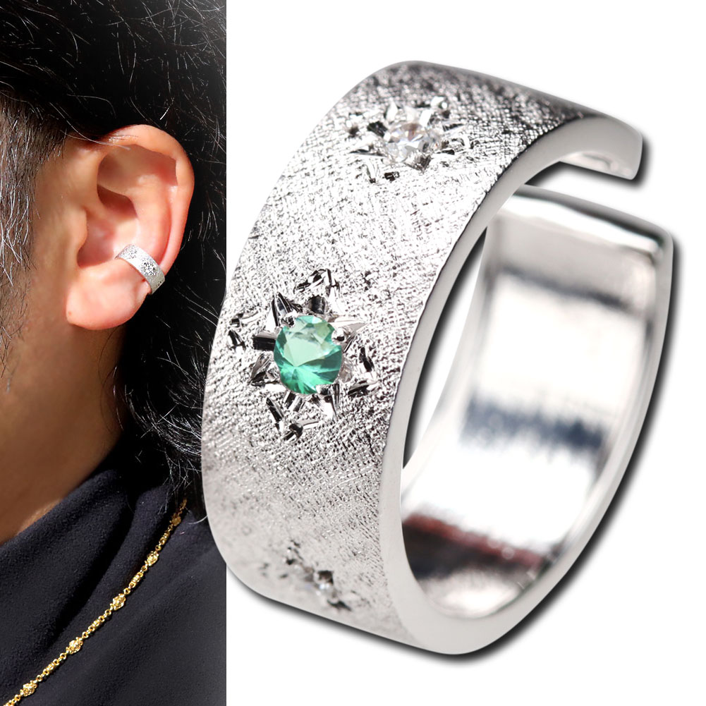 プラチナ イヤーカフ 片耳 太め メンズ エメラルド 5月誕生石 イヤカフ 彫り 手彫り 重ねづけ 大人 おしゃれ 普段 使い かっこいい 男性用(4)