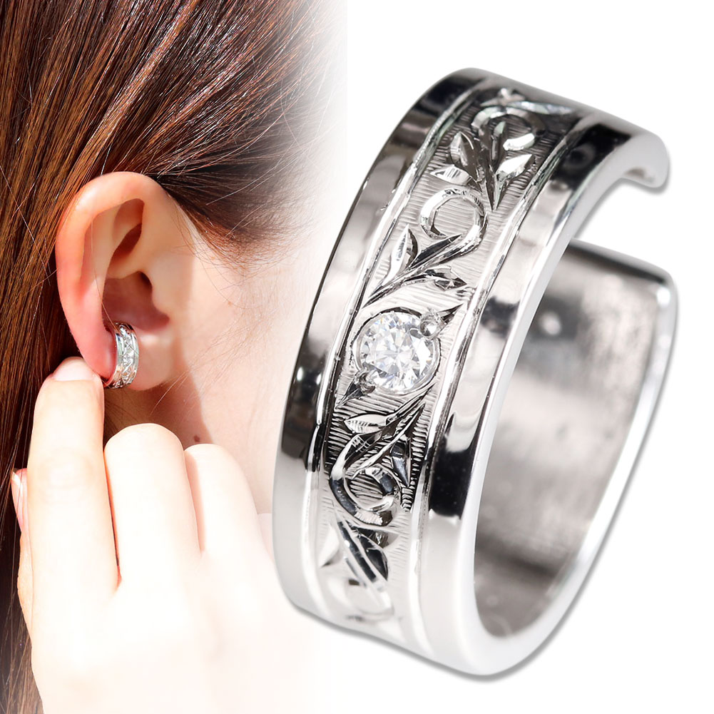 イヤーカフ 太め 片耳 シルバー925 ダイヤモンド イヤカフ レディース 4月誕生石 彫金 手彫り 女性用 プレゼント ギフト レディースアクセサリー