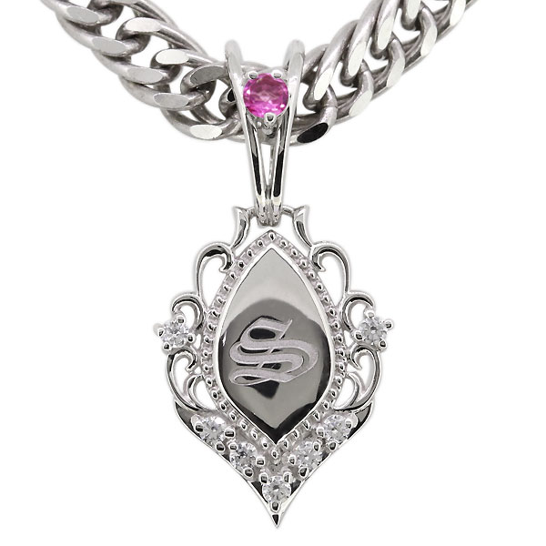 イニシャル ネックレス メンズ シルバー 喜平 10月誕生石 ピンクトルマリン ペンダント 父の日 2024(4)