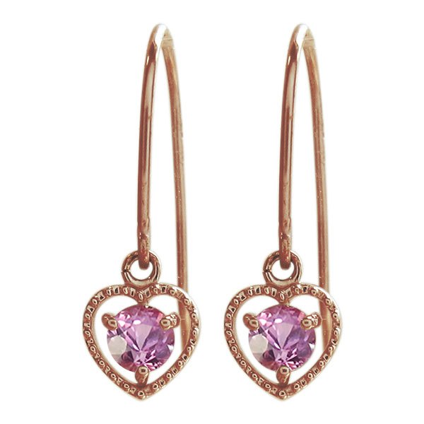 フックピアス ピンクサファイア ピアス 10金 一粒 ハート ピアス