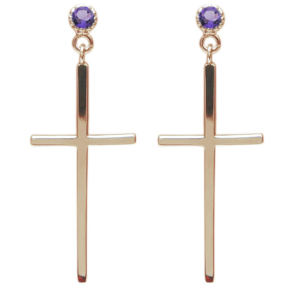 十字架 メンズピアス クロスピアス 10金 アメジスト ピアス 父の日 2024