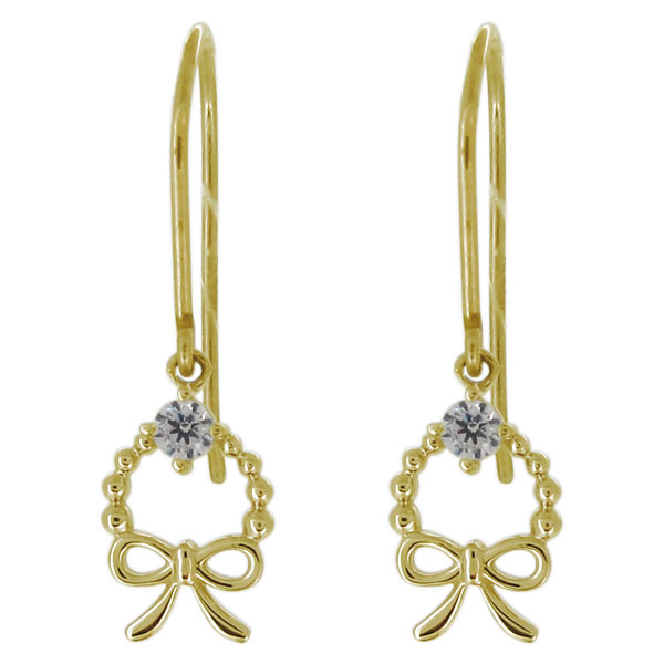 ピアス・リボン・レディース・ダイヤモンド・フックピアス・揺れる・10金 プレゼント 母の日 2024