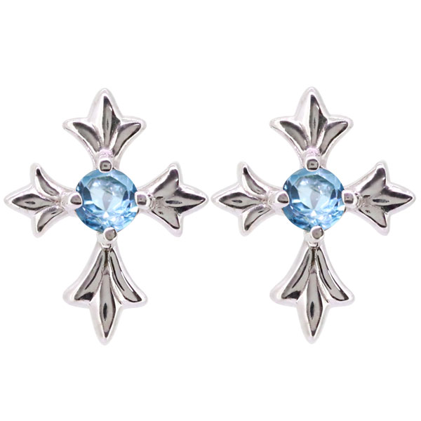 シルバー ピアス メンズ クロス ブルートパーズ 十字架 スタッドピアス SV925 父の日 2024