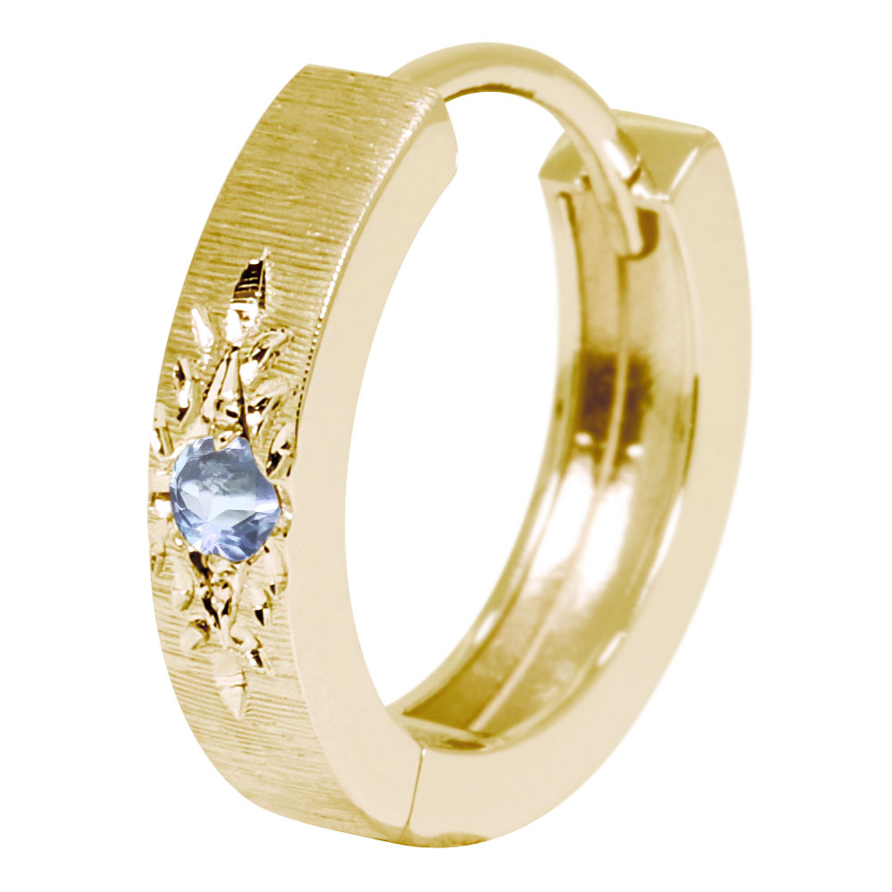 ピアス 18k フープピアス メンズ 片耳 中折れ 18金 イエローゴールド 彫り アクアマリンサンタマリア 3月 父の日 2024