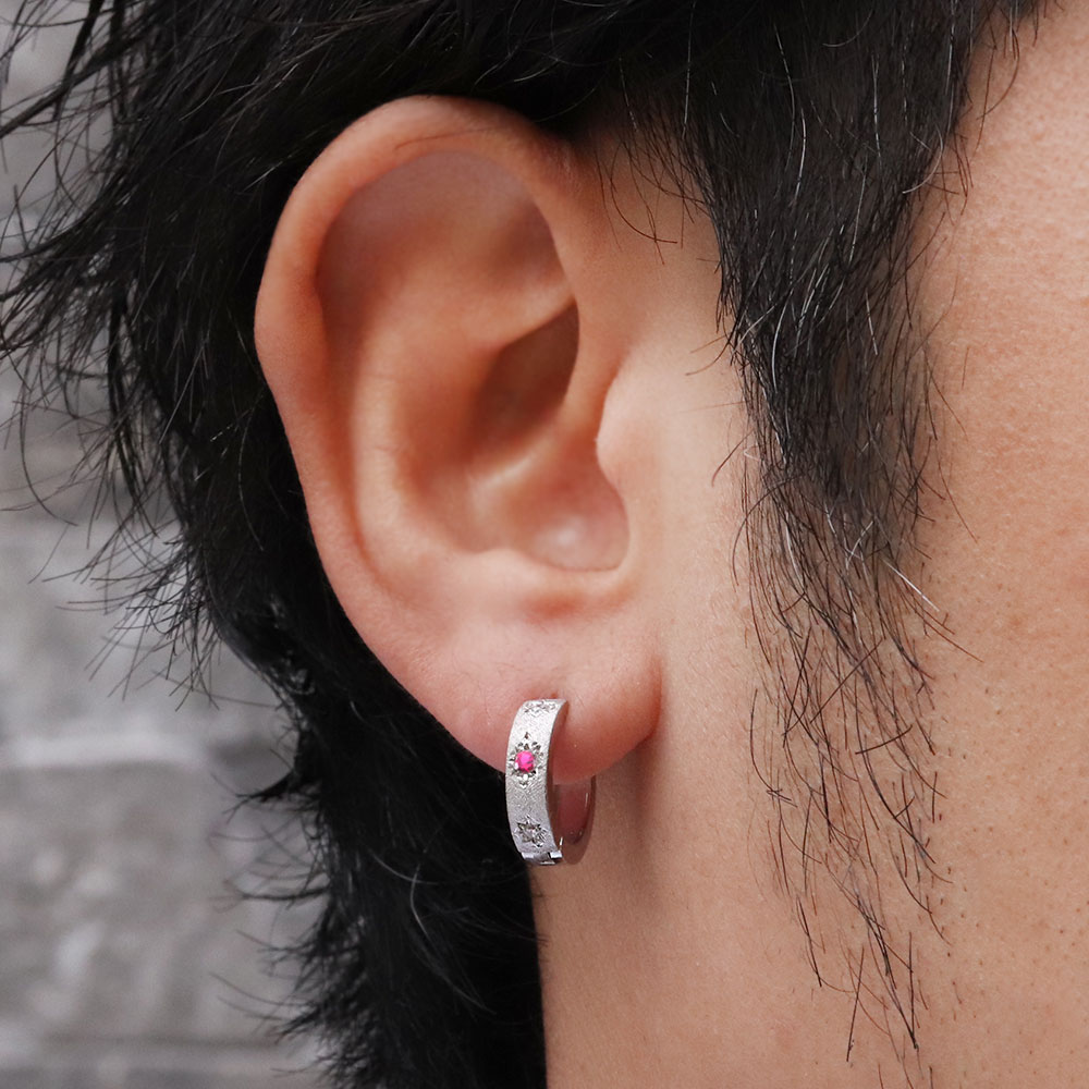 フープピアス メンズ 中折れ 片耳 ピアス フープ 10k 10金 誕生石 7月 ルビー 人気...