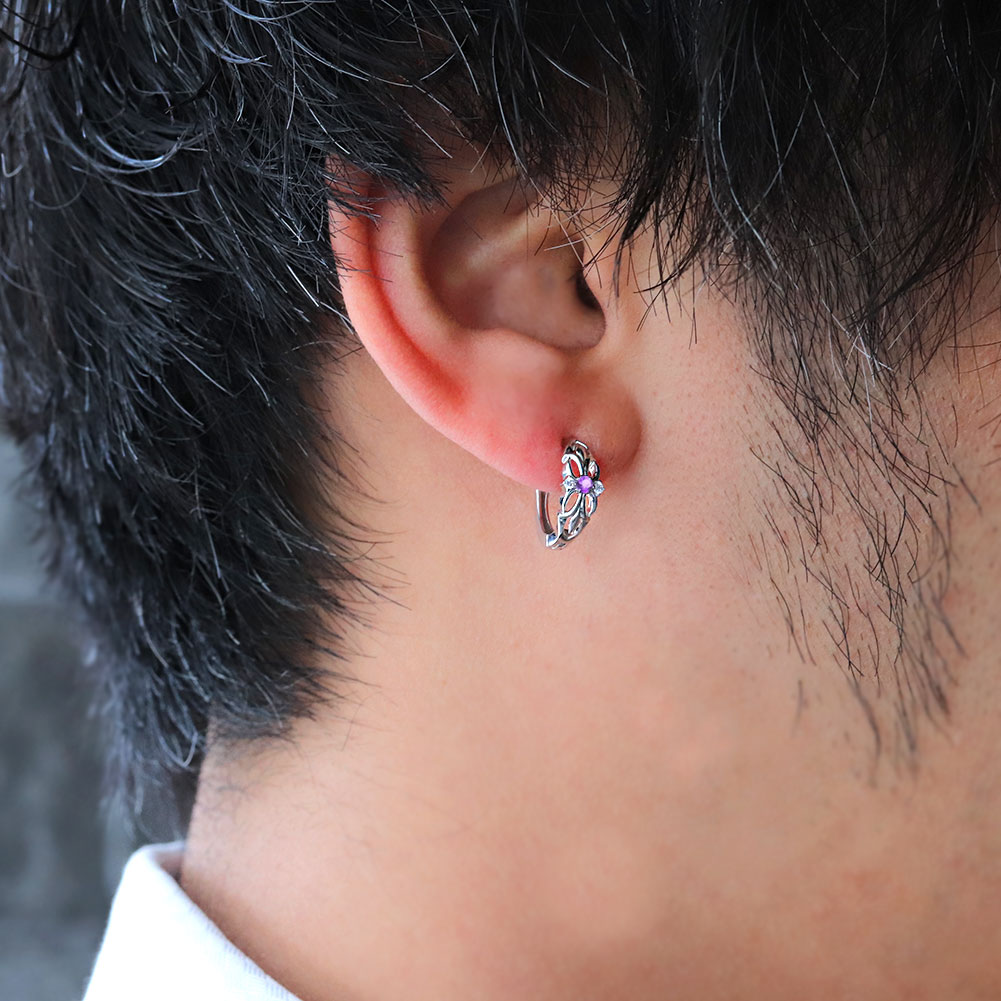 フープピアス メンズ フープ ピアス クロス 片耳用 アメジスト 誕生石 2月 百合の...