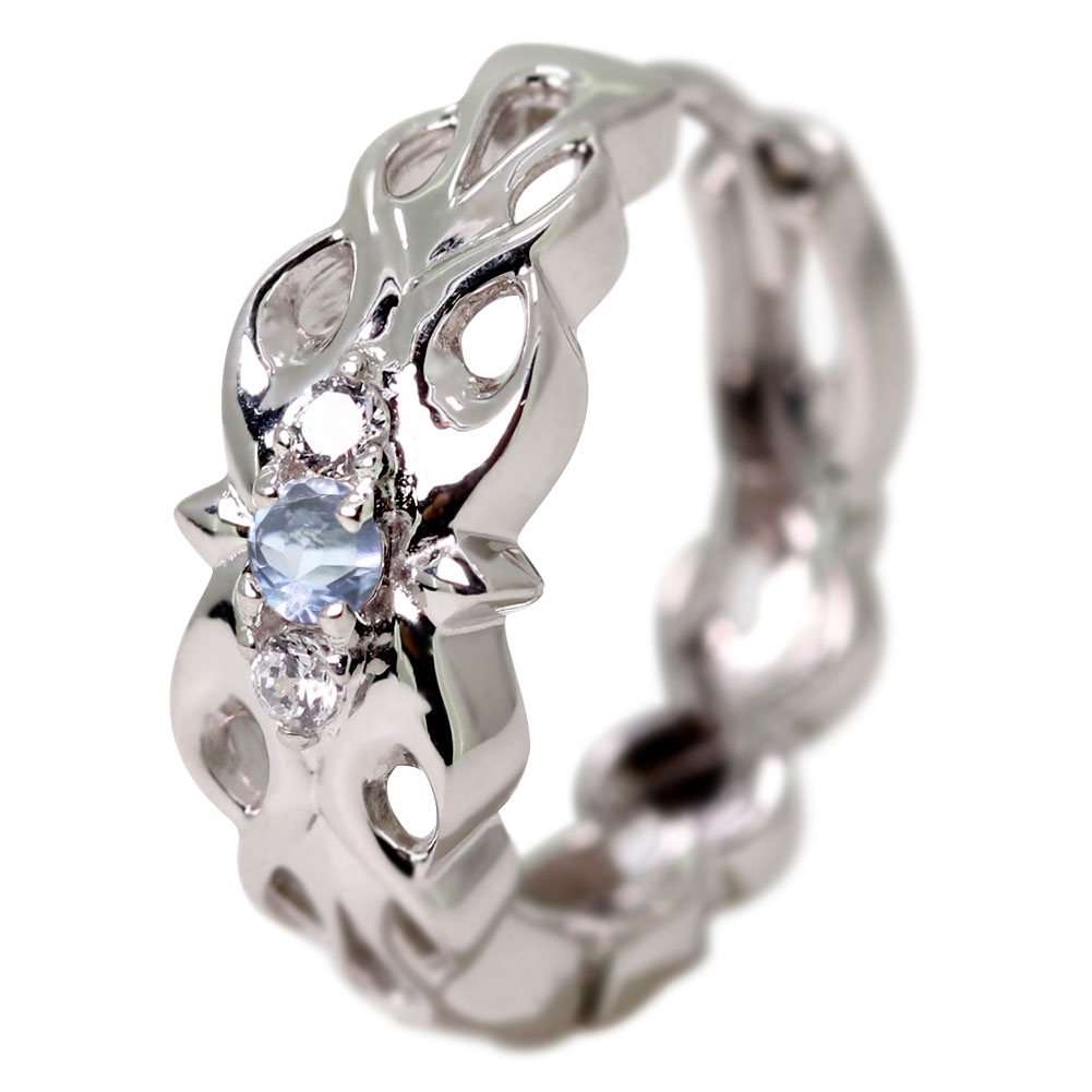 フープピアス メンズ 片耳 シルバー925 ピアス 中折れ式 3月誕生石 アクアマリンサンタマリア フープ クロス トライバル