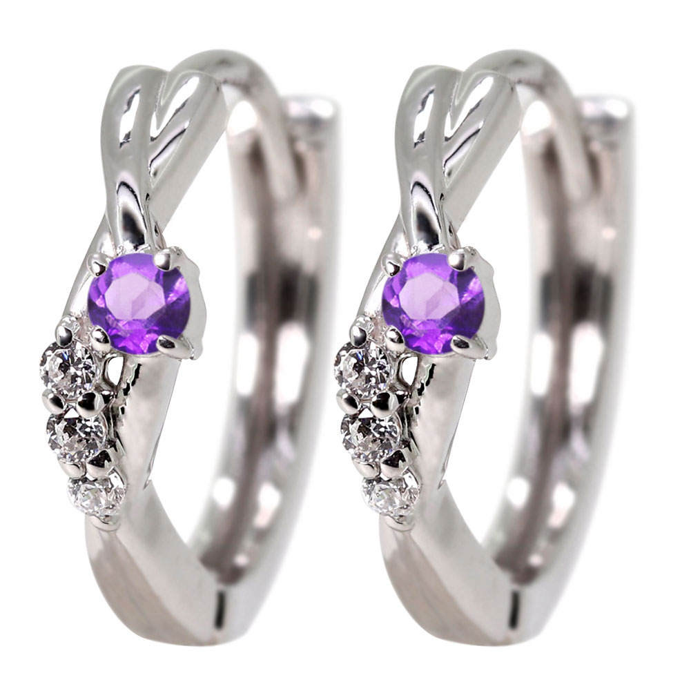 Amethyst - フープピアス レディース ピアス シルバー925 キャッチレス 中折れ式 2月誕生石 アメジスト 両耳 小ぶり きれいめ オフィス シンプル