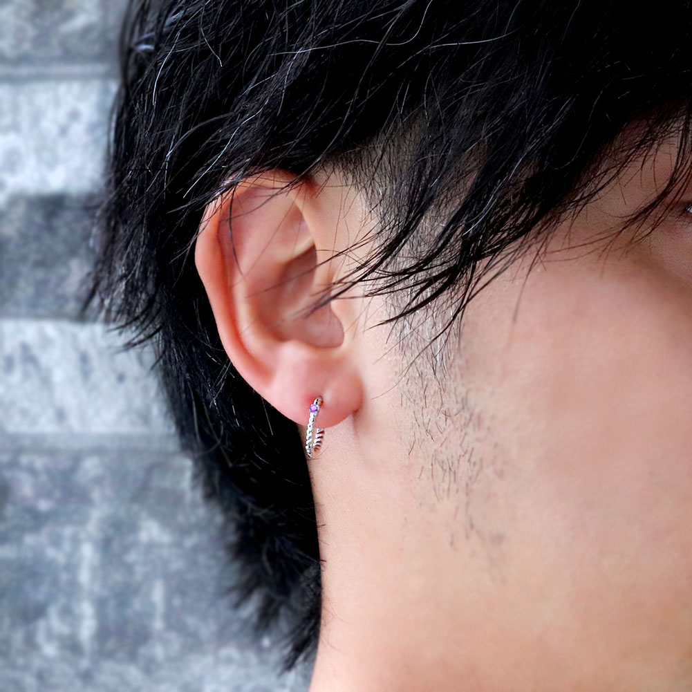 ピアス 片耳 メンズ プラチナ フープピアス アメジスト ツイスト 縄 ロープ 2月誕生石 メンズピアス pt900 中折れ式 金属アレルギー対応 男性 かっこいい つけっぱなし 人気 普段使い