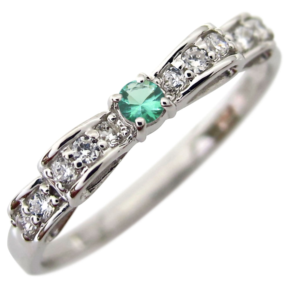 プラチナ エメラルド 指輪 リボン リング ピンキーリング レディース 5月 誕生石 りぼん 彼女 プレゼント 誕生日 記念日 ギフト おすすめ 女性 大人可愛...