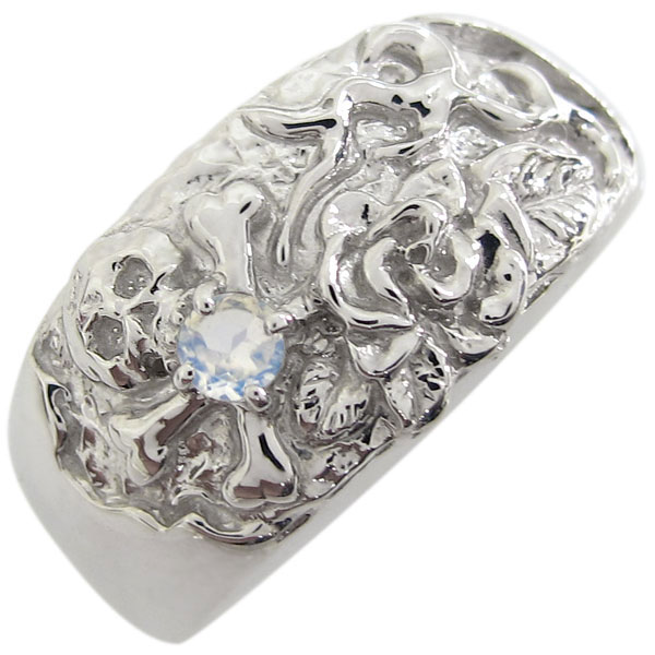 プラチナ ロイヤルブルームーンストーン 薔薇 ドクロリング 骸骨 リング 指輪