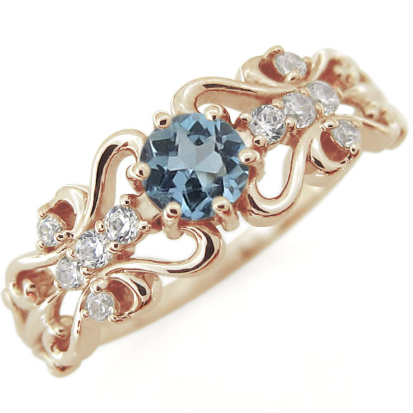 アクアマリンリング アンティーク 唐草 リング ハート 指輪 18金